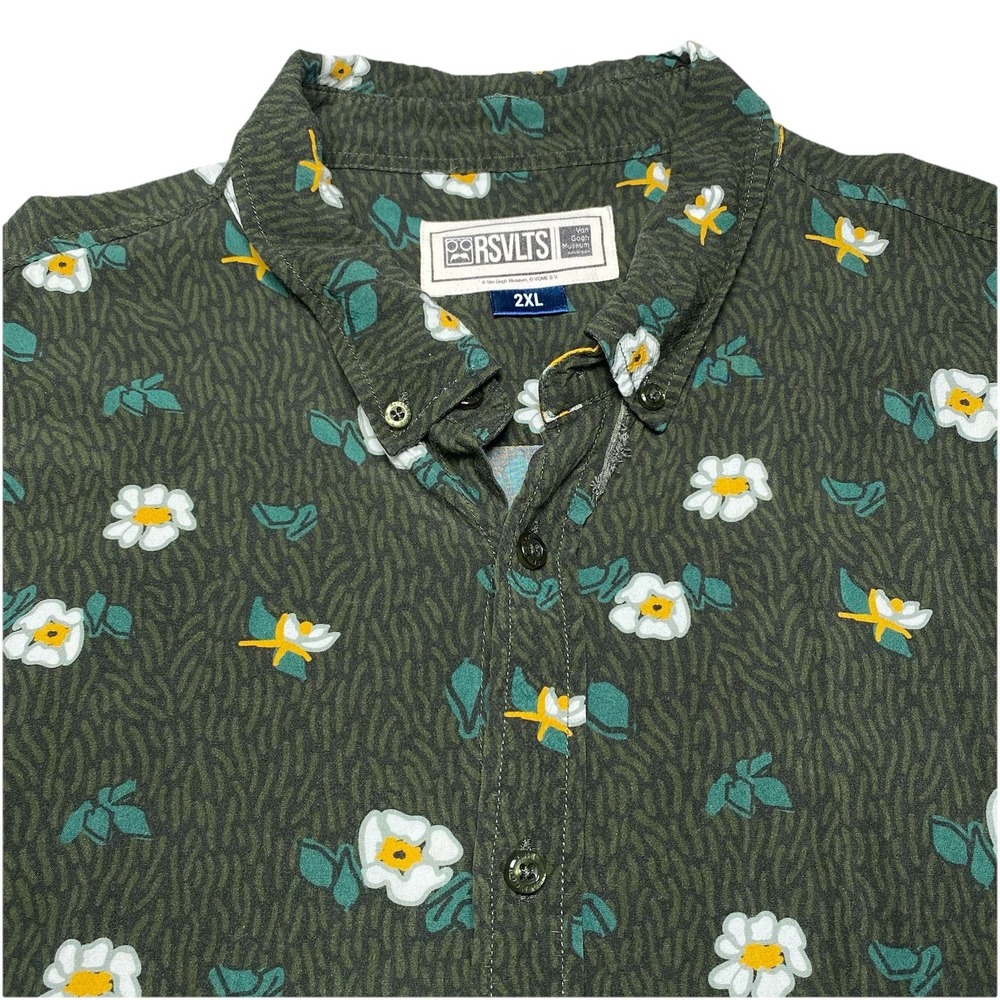 RSVLTS Shirt 2XL S/S Button Down Wild Roses Van Gogh Flower AOP Rayon Dark Green